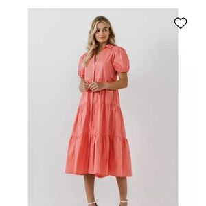 English Factory puff sleeve tiered midi dress- coral color